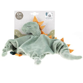 Green dinosaur-shaped plush comforter with orange spikes and soft fabric, suitable for newborns and toddlers.